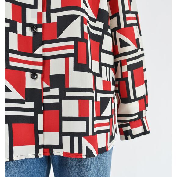 Vintage Geometric Modern Artsy Collared Button Down Blouse Red Beige Black M - Picture 7 of 8
